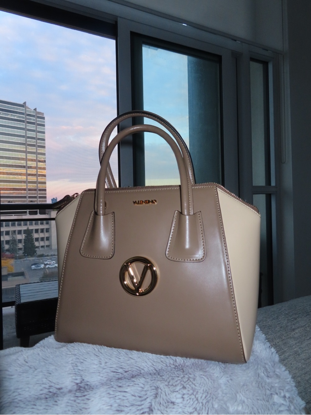 Valentino Two-Tone Taupe and Cream Leather Satchel with Gold Emblem